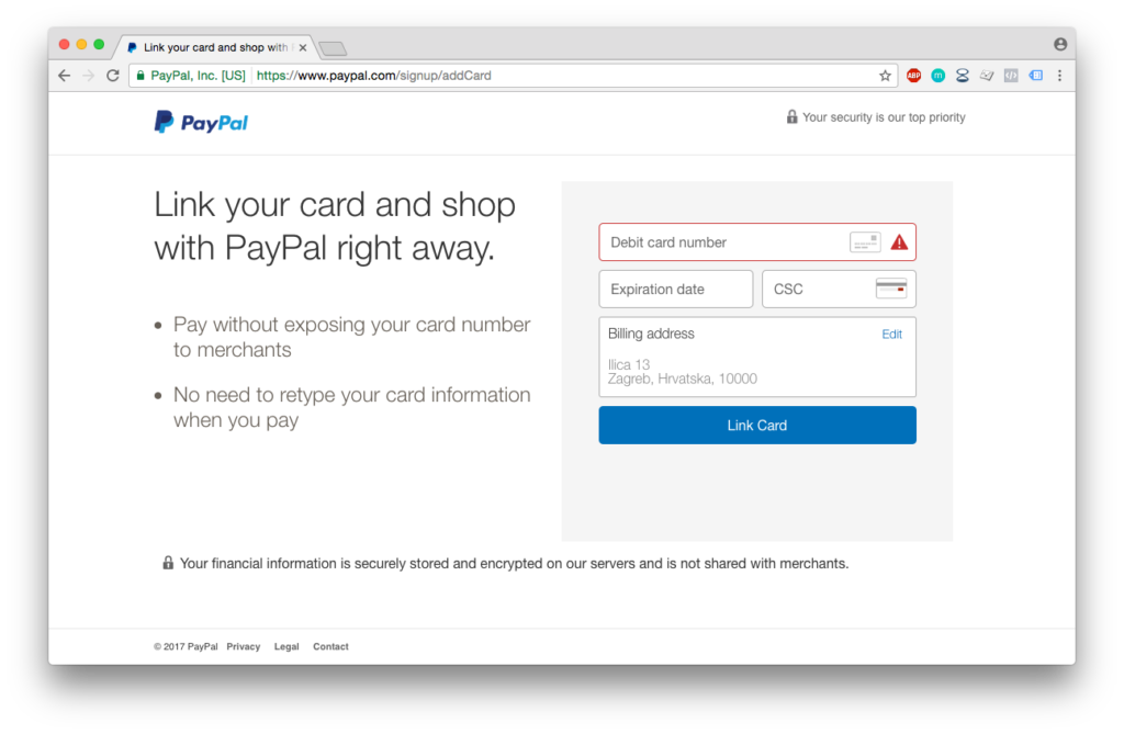 PayPal registracija - unos podataka o kartici