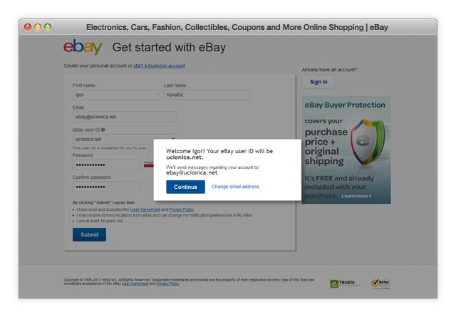 eBay potvrda registracije